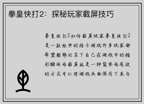 拳皇快打2：探秘玩家截屏技巧