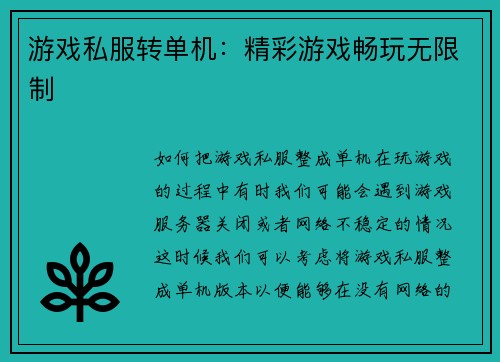 游戏私服转单机：精彩游戏畅玩无限制